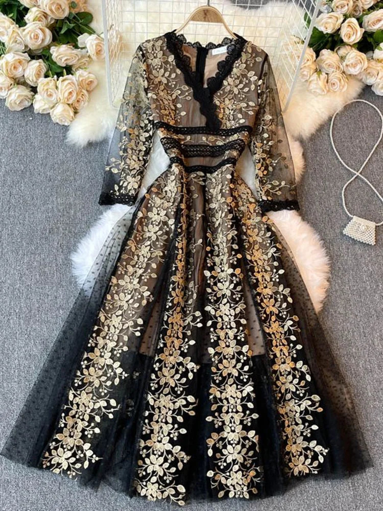 Lace Tulle Dress For Women 2023 Summer Fashion Embroidered Elegant Vintage Dot Mesh Patchwork Evening Long Vestidos 240327