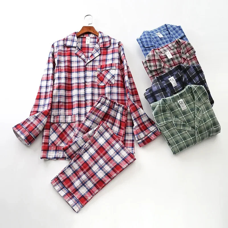 Pajama Men Clothing Sets for Spring Autumn and Winter Longsleeved Trousers Suits Brushed Cloth Cotton Plaid Pajamas Suit 241111