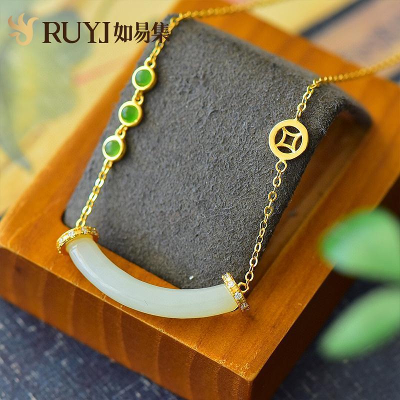 Natural Hetian Necklace Gold Inlaid with Jade Pendant Female Half Bracelet Smile Necklace Vintage Chinese Style Pendant Gifts