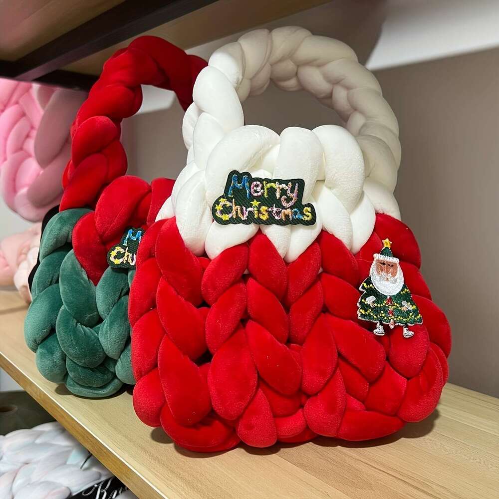 Christmas Festive Handwoven Fabric Gift Bag Christmas Halloween - Plush Veet Rope Purse Women, Unique Handcrafted Fashion Accessory, Ideal for Holiday