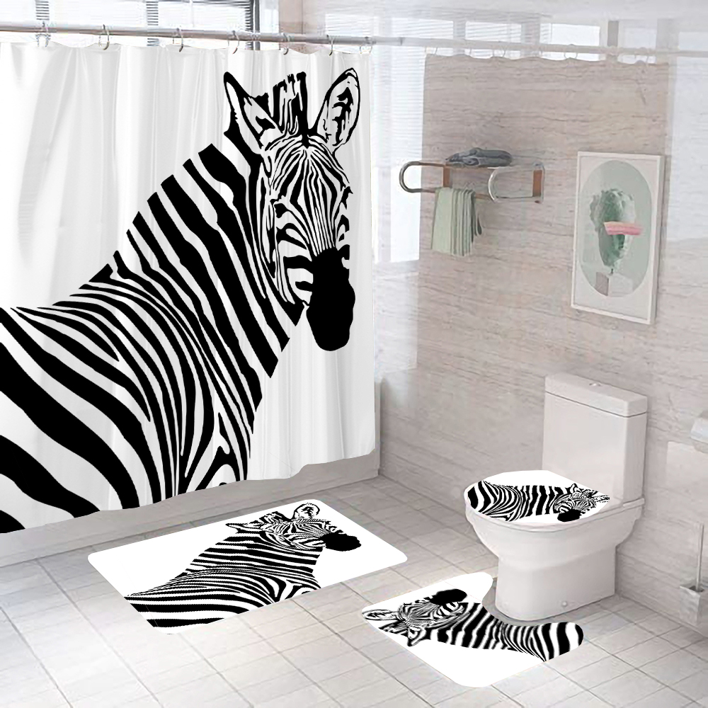 Zebra Animal Bath Shower Curtain Waterproof Polyester Washable Non-Slip Mat Rugs Carpet Toilet Seat Cover Bathing Bathroom Decor