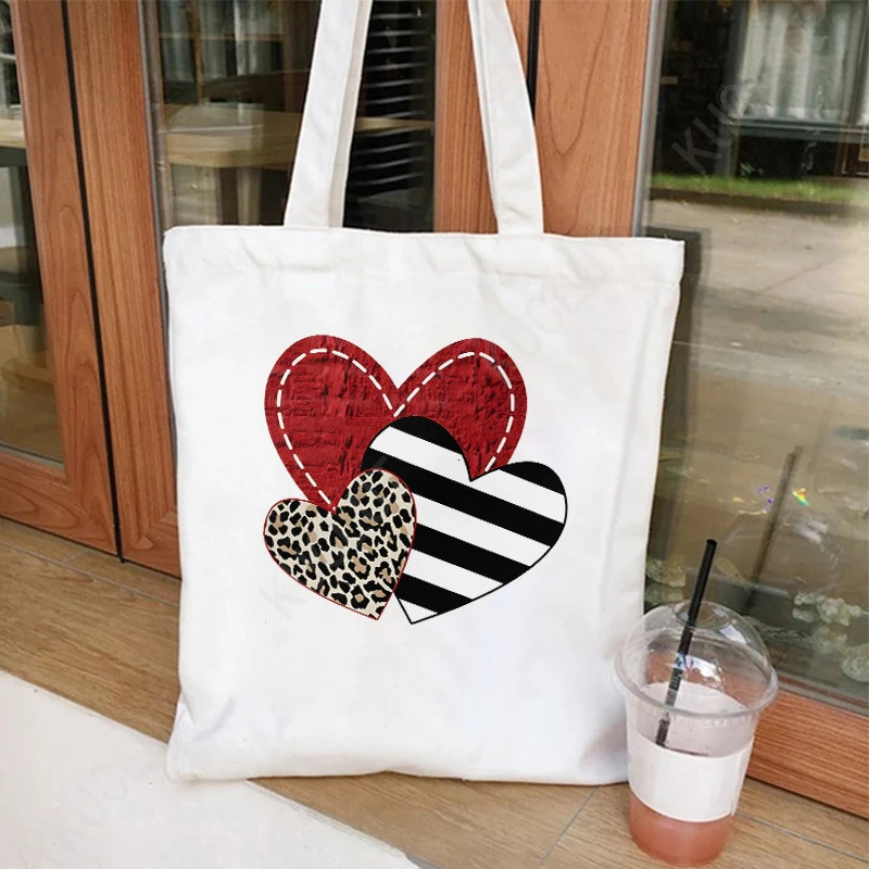 Leopard Heartbeat Graphic Canvas Tote Bag Women Reusable Shopper Vintage Love Fashion Shoulder Beach Handbags 241029