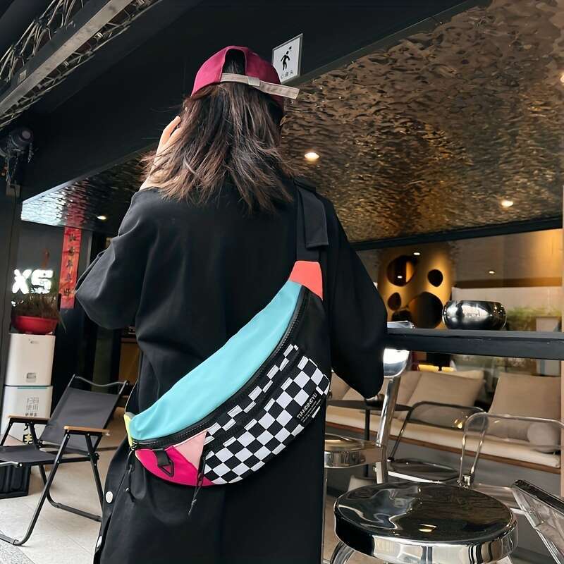 Fashion Large Capacity Fashion Avant-garde Chest Waist Bag, Trendy Plaid Crossbody Bag with Simple Contrast Color .