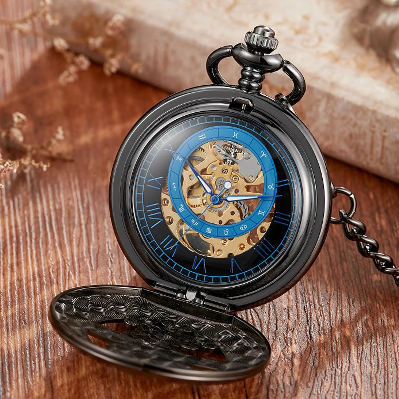 Hand woven mechanical pocket watch retro hollow blue moon star steampunk skeleton watch Roman numeral watch with Fob chain 241108