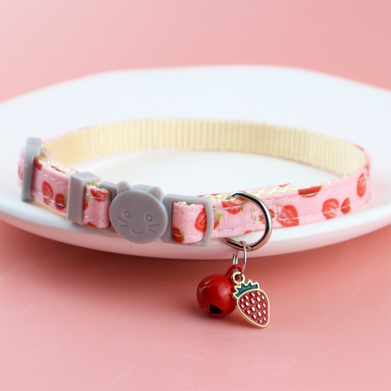 Cat Collar Adjustable Printed Pet Collar with Bell Strawberry and Green Leaf Leash D Ring for Kittens & Puppies Pet Accessories