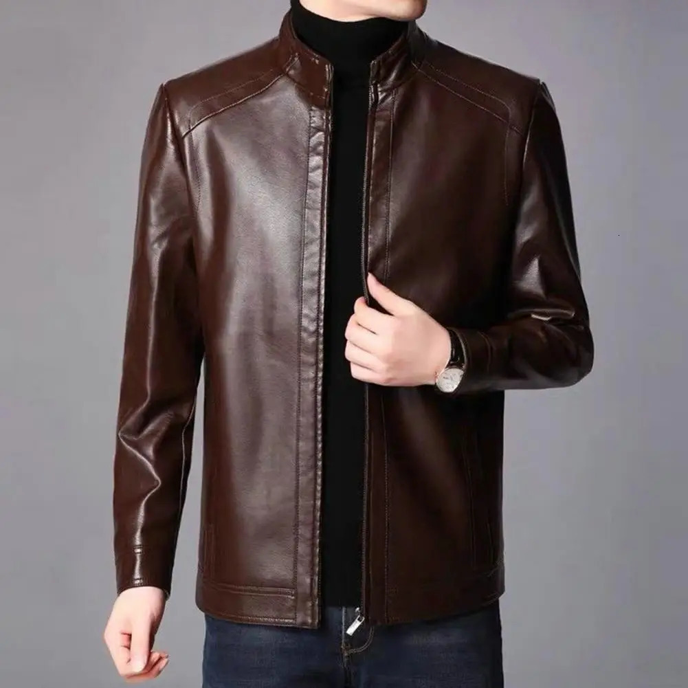 Men Jacket Faux Leather Solid Color Stand Collar Coat Smooth Zipper Neck Protection Windproof Outerwear For Autumn Winter 241120