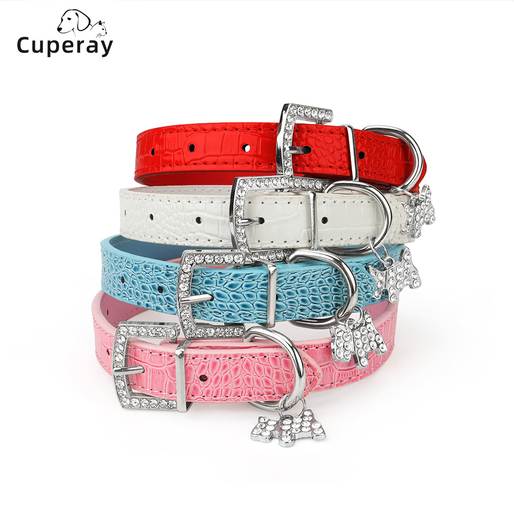 Small Durable Dog Collar PU Leather Padded Pet Collars with Puppy Pendant & Rhinestone Buckle for Small Medium Large Dogs & Cats