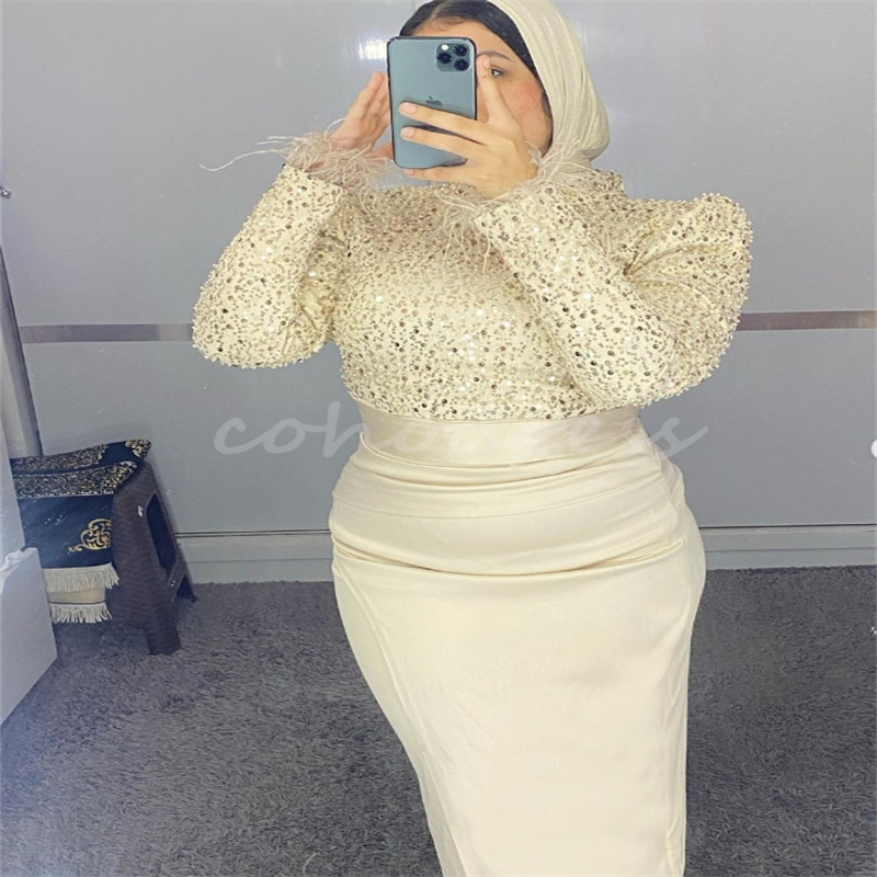 Gorgeous Champagne Evening Dress With Detachable Train Sequin Mermaid Prom Dress With Feather Long Sleeve Birthday Party Gowns Vestio De Gala Turkey