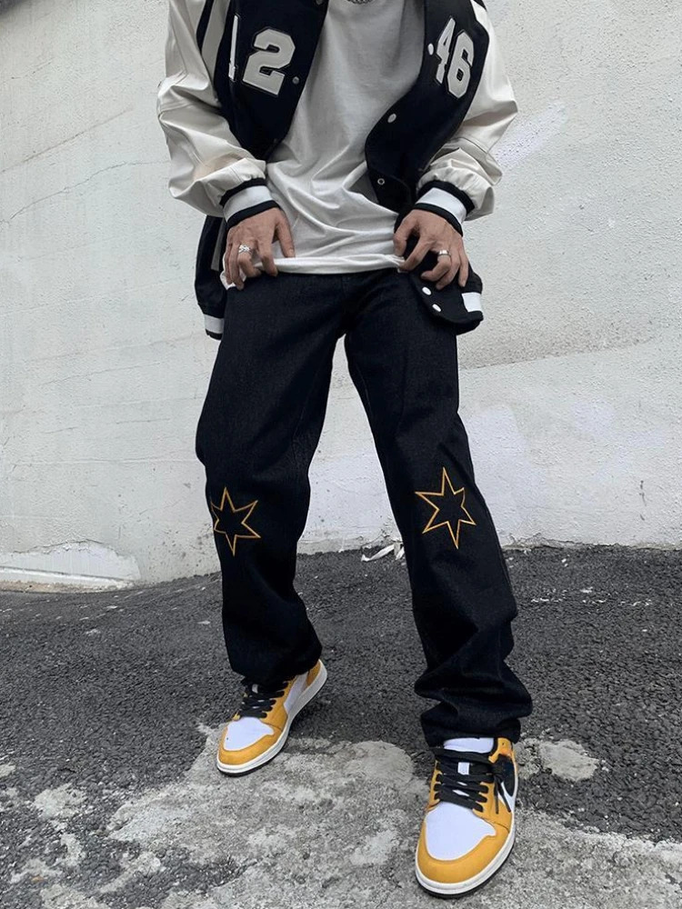 Trouser straight mens jeans printed with mens jeans hip-hop star cotton trend stacking 90s streetwear Y2k retro Kpop 241108