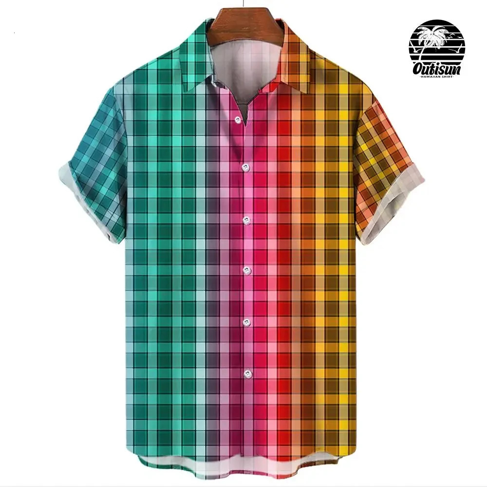 Summer fashion plaid rainbow print mens short sleeved casual shirt Pride Month party clothing street trend party excessive 241111