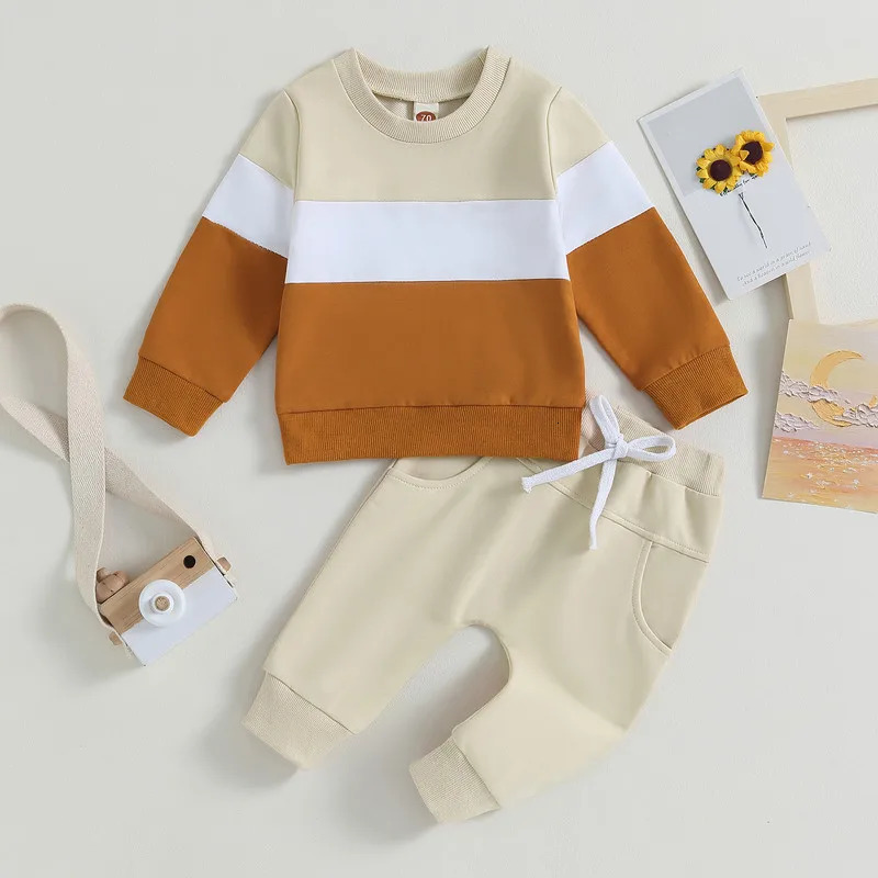 born Baby Boy Pant Sets Autumn Clothes 2 Piece Outfits Contrast Color Long Sleeve Sweatshirt and Elastic Pants Baby Items 241111