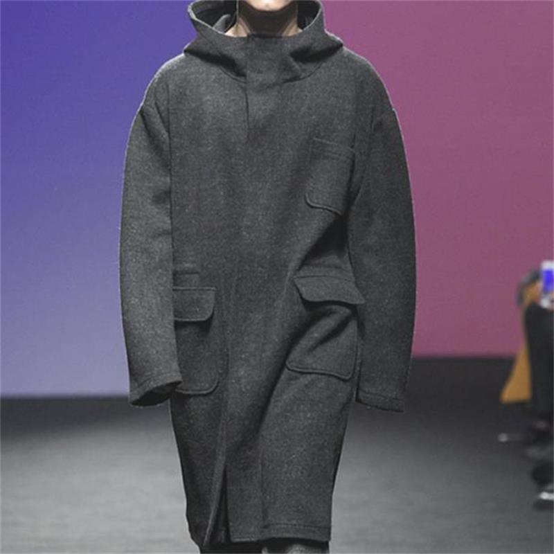 Men's Hooded Woolen Coat Autumn And Winter New Loose Gray Youth Leisure Hooded Simple Long Coat