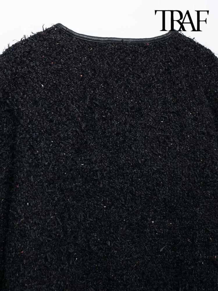 TRAFWomens Gold Button Tweed Jacket Coat O Neck Long Sleeve Female Outerwear Chic Tops Fashion 241111