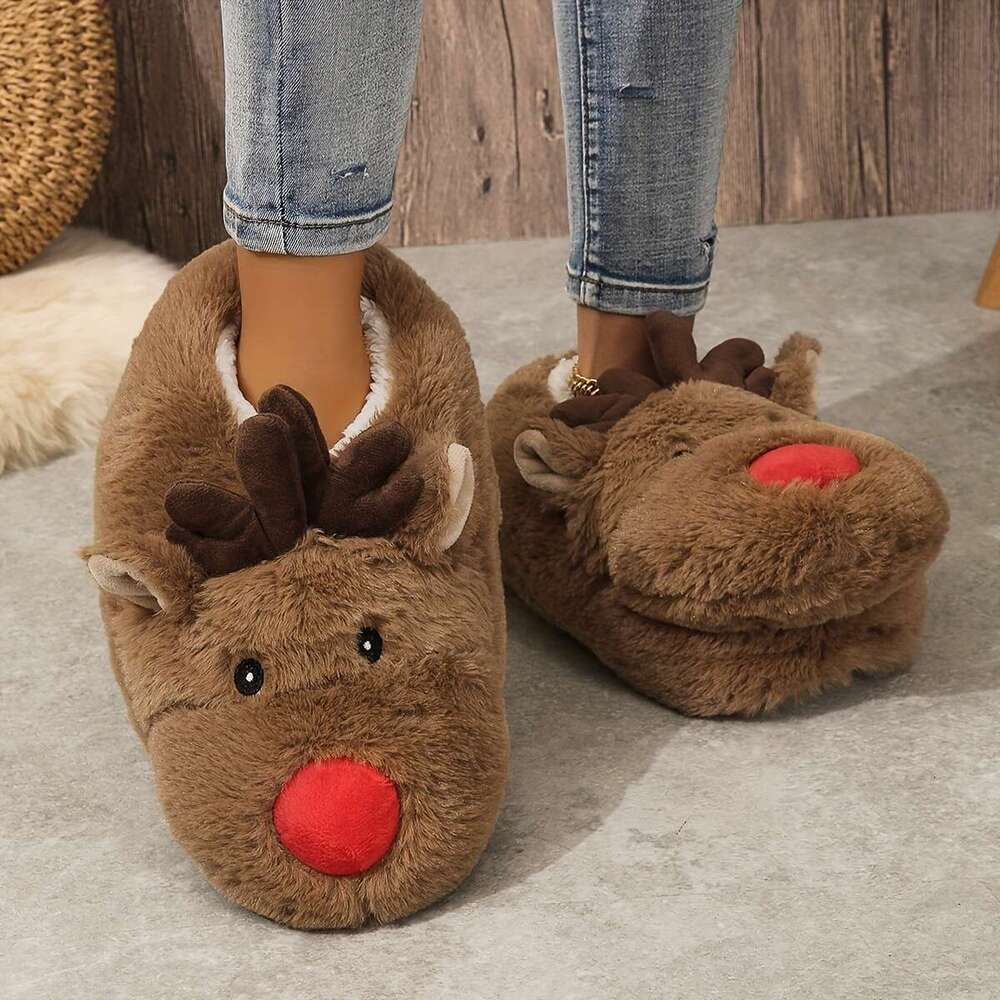 Christmas Comfortable Plush ed Cute Cartoon Deer Design Slippers, Casual Slip On Indoor Home Christmas Shoes