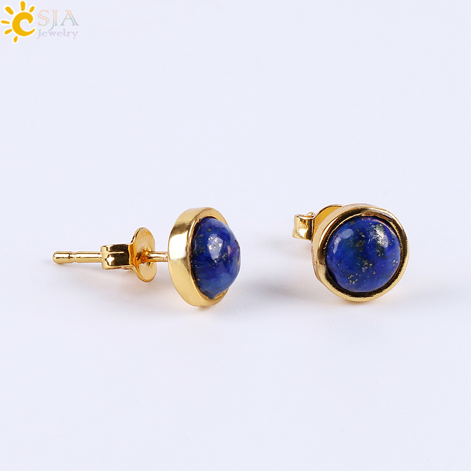 CSJA Cute Tiny Round Stud Earrings for Women Gold Color Ear Piercing Natural Gem Stone Bead Onyx Black Crystal Earring E596