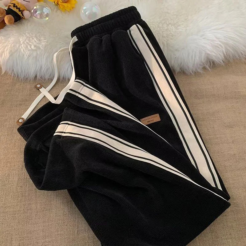 2024 Striped Corduroy Sweatpant Streetwear Drawstring Wide Leg Pants Woman Y2K Harajuku High Waist Baggy Trousers Female 241108