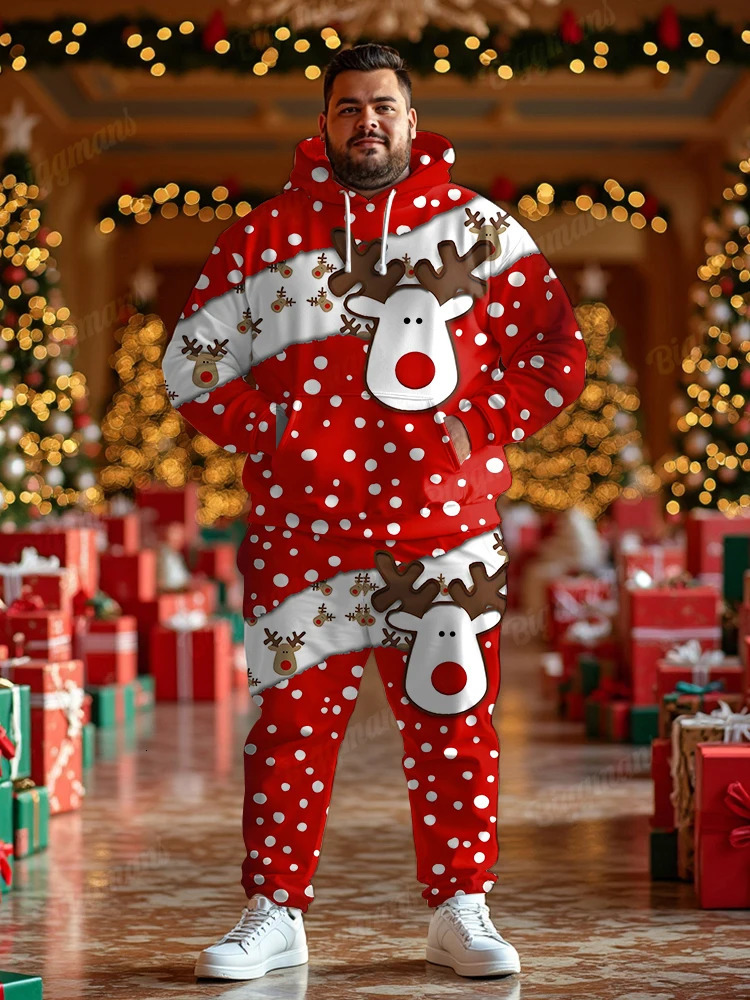 Biggmans Merry Christmas Santa Print Outfits Mens Snowflake Party Club Hoodies Long Pants Set Male Loose Plus Size Two Piece 241111