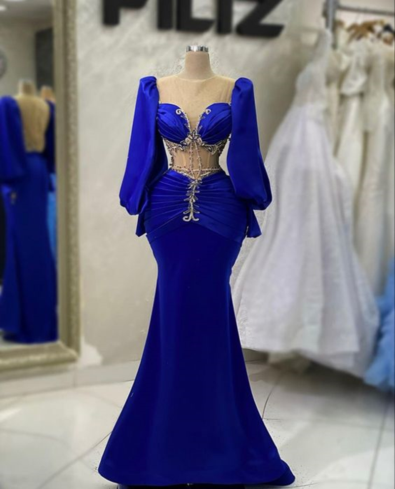 Sexy Illusion Mermaid Prom Dresses Beaded Pleats Royal Blue Long Sleeves Evening Gown for Women Sheer Neck Charming Special Occasion Dress 2024