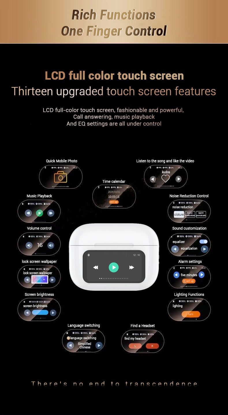 ANC Wireless Earphones Colorful LED Screen TWS Earbuds Touch Active Noise Cancelg Bluetooth Headphones Sports Headset