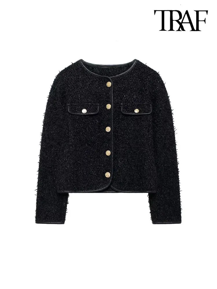 TRAFWomens Gold Button Tweed Jacket Coat O Neck Long Sleeve Female Outerwear Chic Tops Fashion 241111