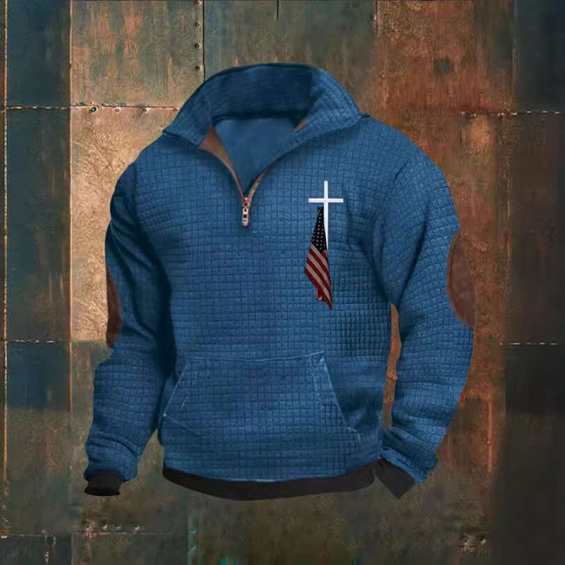 2023 Men's Casual Fashion Zipper Collar Waffle Printed Hoodie