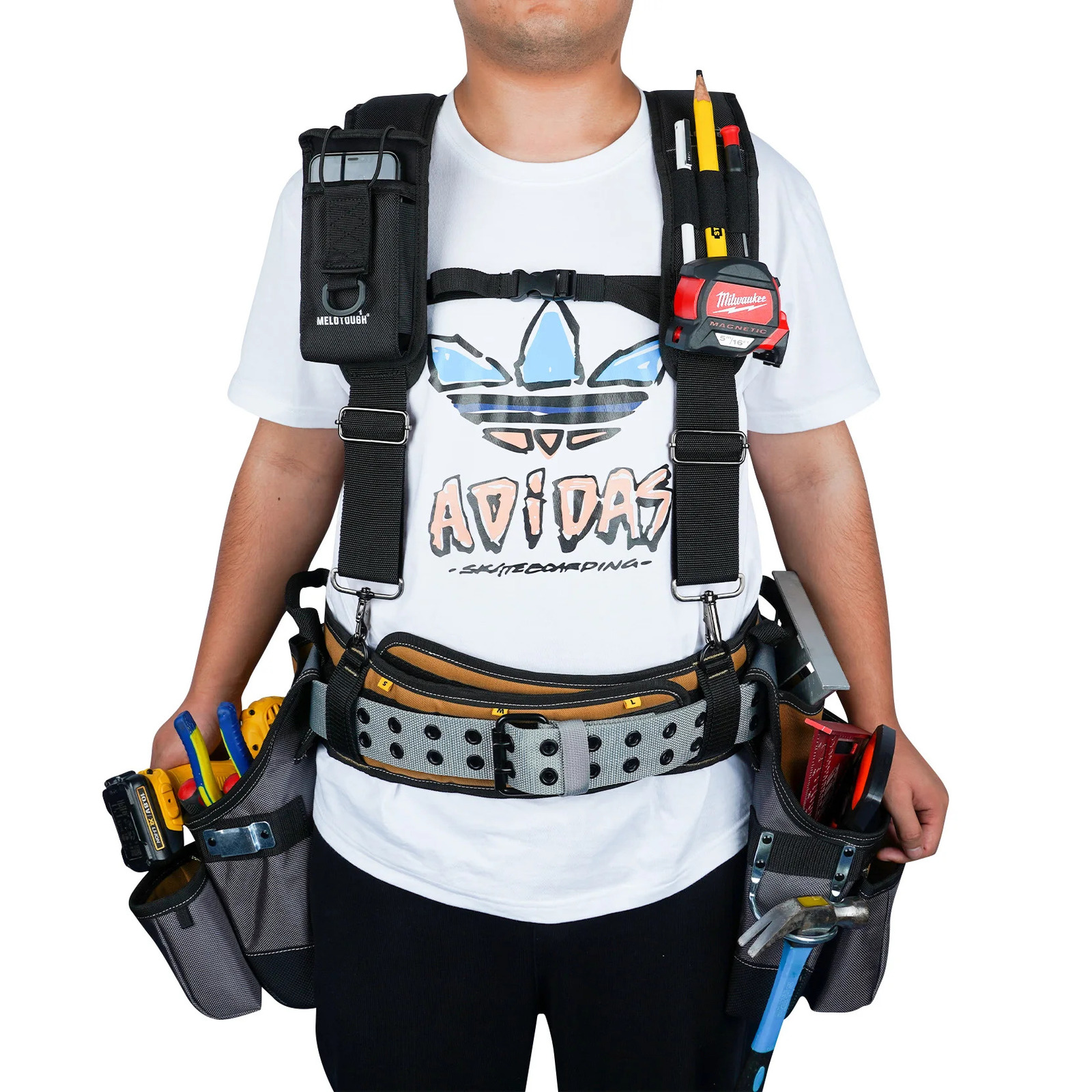 MELOTOUGH Tool Belt Suspenders Construction Work Braces For Men With Detachable Phone Holder comfortable foam shoulder padder 240401