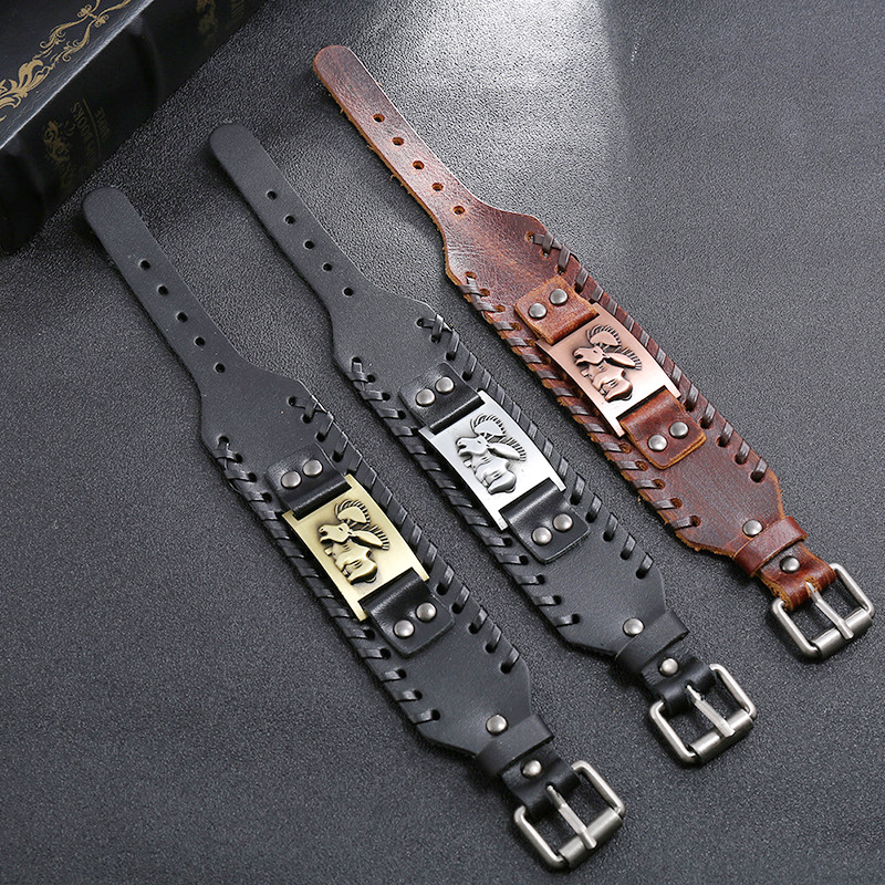 Totem Design Charm Wide Leather Bracelet Nordic Viking Rune God Deer Men's Bracelet Punk Leather Woven Accessories Party Jewelry