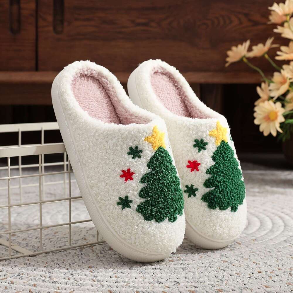 Christmas Glam Style Christmas Tree Women Men Cozy Plush Indoor Slippers with Insole, TPR Sole, and Fabric Upper - Hand Washable, All-Season Winter Co