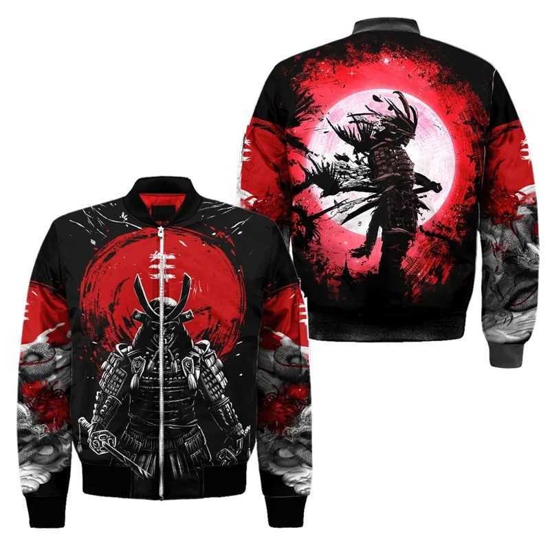 Spring and Autumn Mens Bomber Jacket Warrior Oni Mask Tattoo 3D Full Print Zipper Track Set Street Casual Zipper Jacket Clothing W241111