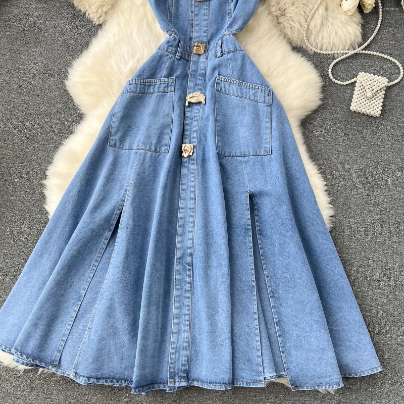 Lanjia- Casual Dresses Designer Denim Dress Women Long Single Breasted Big Turn-Down Collar Waist Slimming Temperament Split A-Line Vestidos 96010