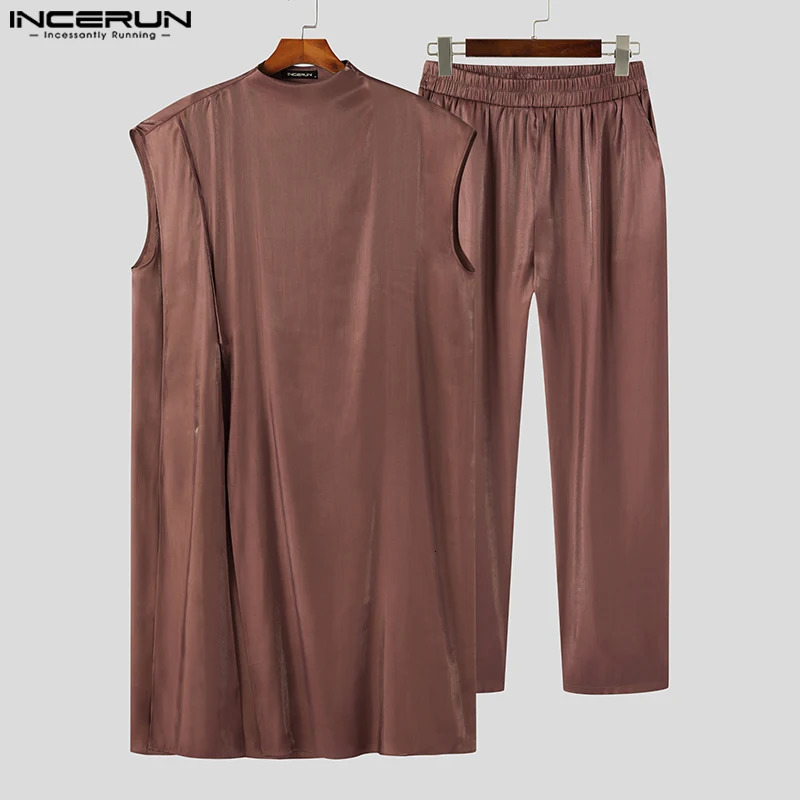 Men Sets Solid Color O-neck Sleeveless Kaftan Muslim Shirt Pants 2PCS Islamic Arabic Clothing Mens Suits S-5XL INCERUN 240402