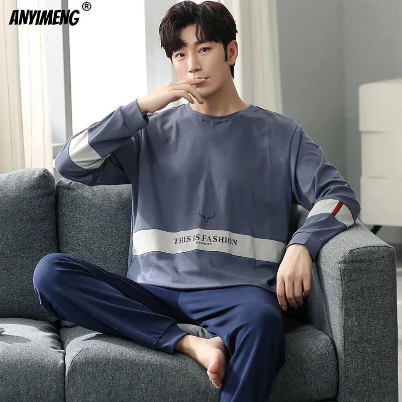 Boys Plus Size Pajama Set Solid Round Neck Knitted Cotton Pijamas Sets for Men 4XL Pijama Autumn Winter Casual Mens Sleepwear 241111