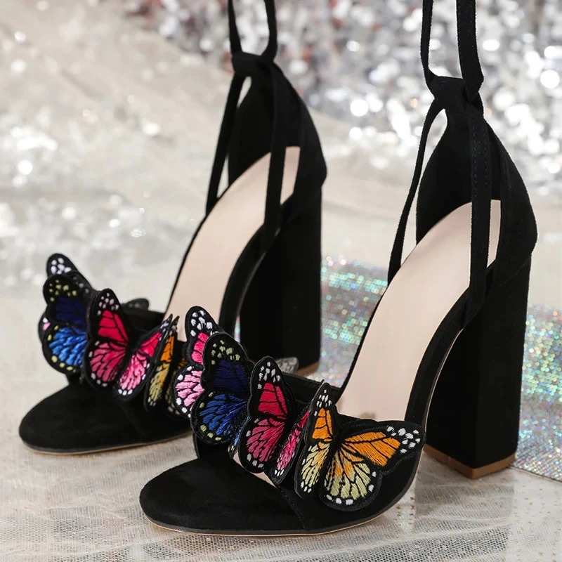 Liyke 2025 Arrivals Open Toe White Sandals For Women Handwork Embroidery Butterfly Lace Up High Heels Party Dress Shoe Pumps 240407