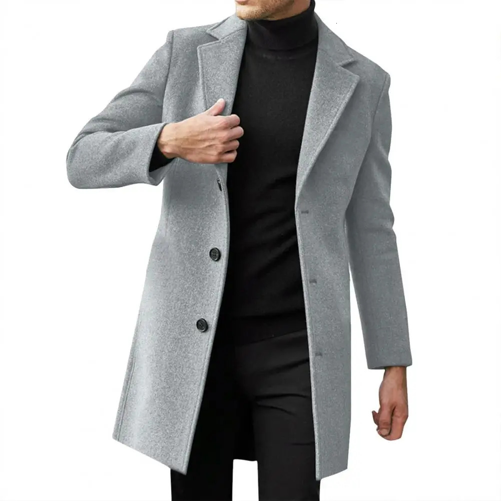 Winter Men Wool Overcoat Lapel Long Sleeve Jacket Single Breasted Mid-length Suit Coat Outwear Solid Color Long Outwear 241111