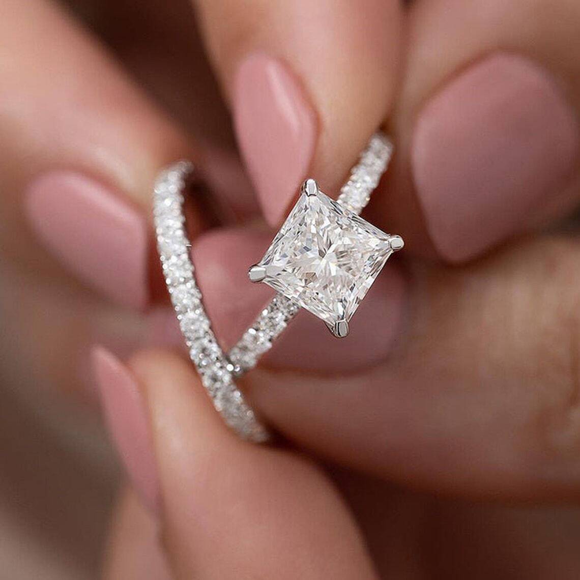 Metal 7.00 MM Colorless Princess Cut Moissanite Dia Engagement Bridal Ring Set for Wedding Fine Jewelry gorgeous