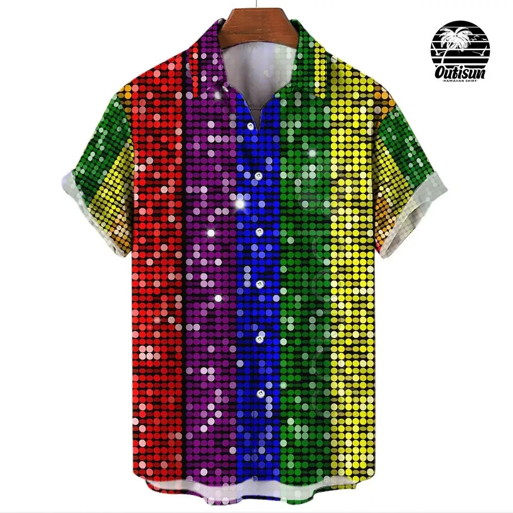Summer fashion plaid rainbow print mens short sleeved casual shirt Pride Month party clothing street trend party excessive 241111