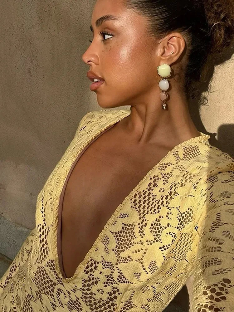 Sexy Deep V Neck Long Sleeve Lace Dress Women Fashion Hollow Out High Waist Maxi Dresses Lady Evening Party Dresses Vestidos 241111