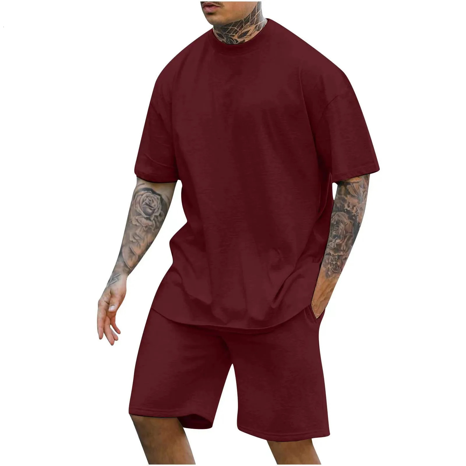 Fashion Solid Two Piece Suits Men's Short-sleeve O-Neck T-shirts And Shorts Outfits Men Summer Casual Simplicity Sets Streetwear 240402