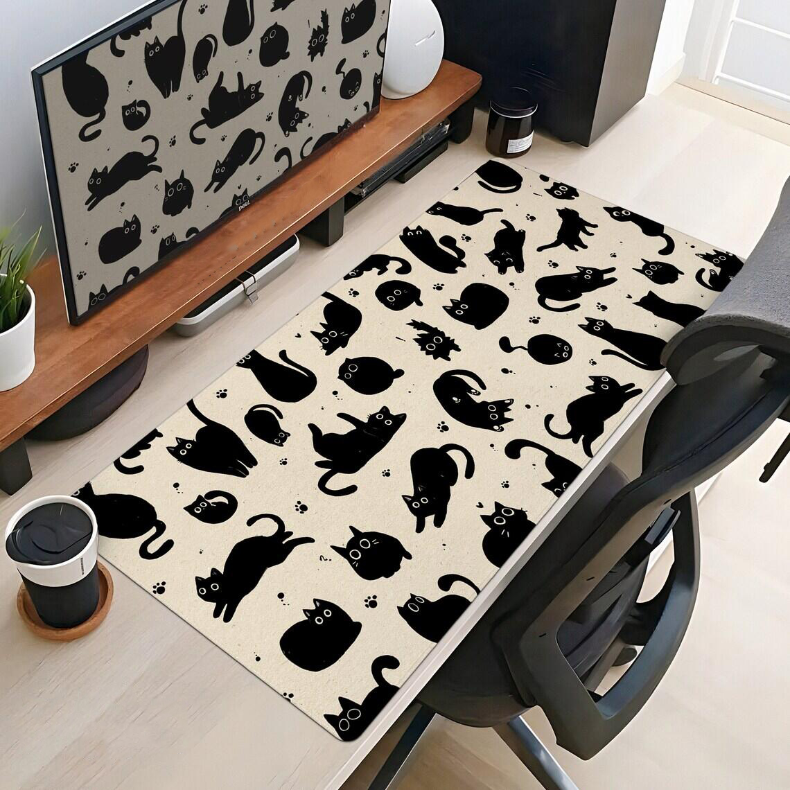 Cute Black Cat Desk Mat On Beige Mouse Pad Extra Large Table Protector Soft Deskmat Deskpad Anime Mousepad Kawaii XxL Mousepad