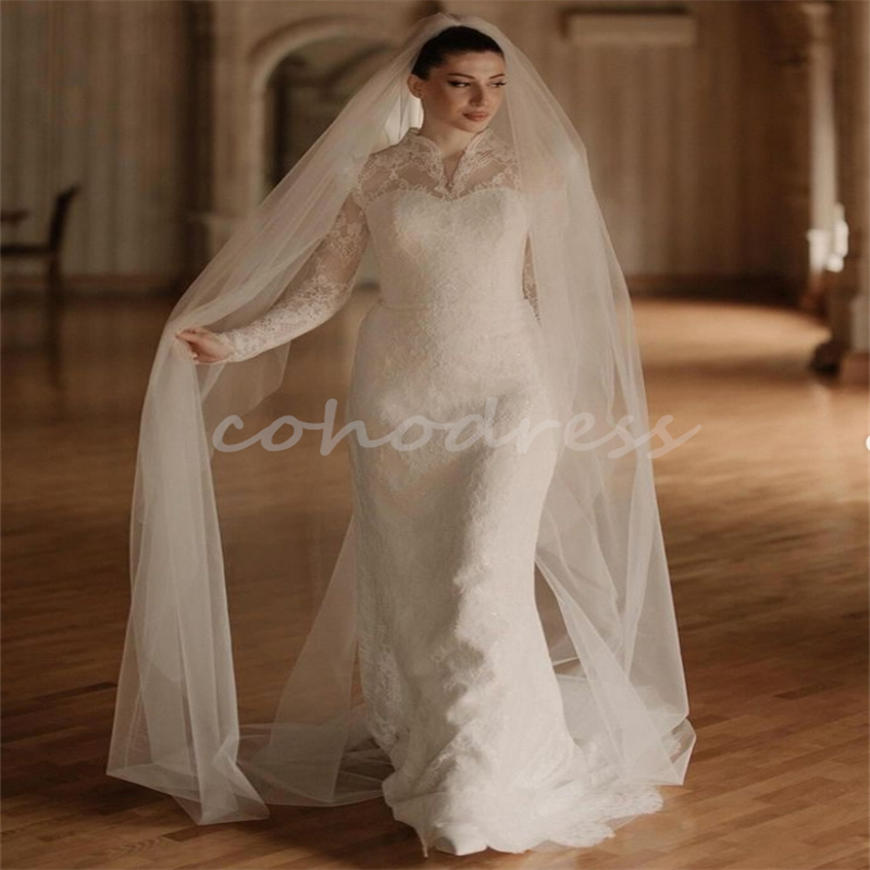 Full Lace Mermaid Wedding Dresses Princess High Neck Long Sleeve Plus Size Garden Bride Dress Floor Length Bridal Dress Gelinlik Vestio De Novia 2025