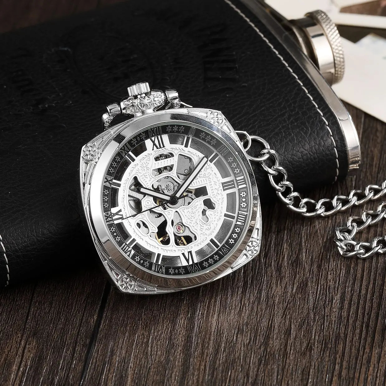 Silver Roman numerals square dial mechanical hand wound pocket watch open elegant retro manual pendant mechanical chronograph 241108