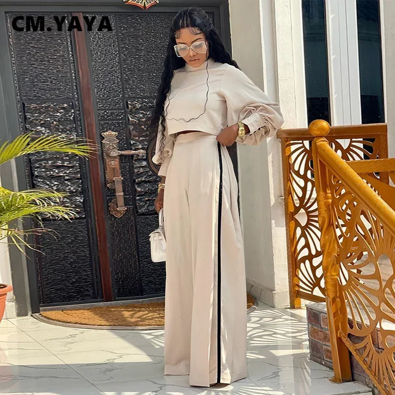 CMYAYA Vintage Womens Set Lantern Long Sleeve Blouse and Wide Leg Loose Pants Autumn Two 2 Piece Outfit Tracksuit 241111