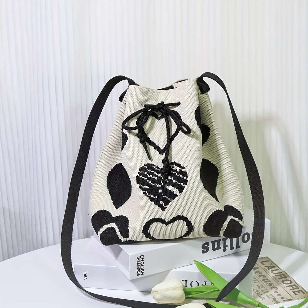 Fashion Mini Classic Heart Pattern Bucket Drawstring Shoulder Bag, Casual All-Match Handbag .