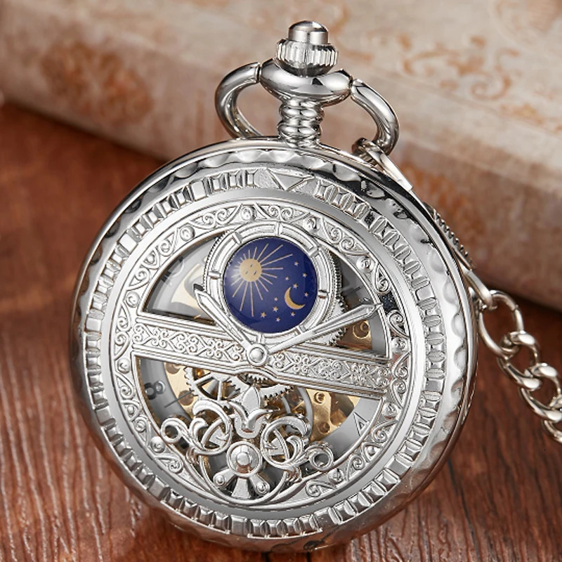 Hand woven mechanical pocket watch retro hollow blue moon star steampunk skeleton watch Roman numeral watch with Fob chain 241108