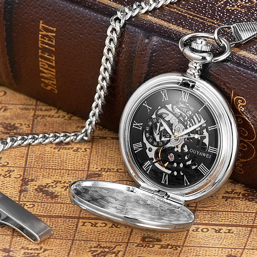 Classic Pocket Watch Mechanical Mens Steampunk Retro Stainless Steel Handwind Fob Watch Silver Gold Black Pendant Watch 241108