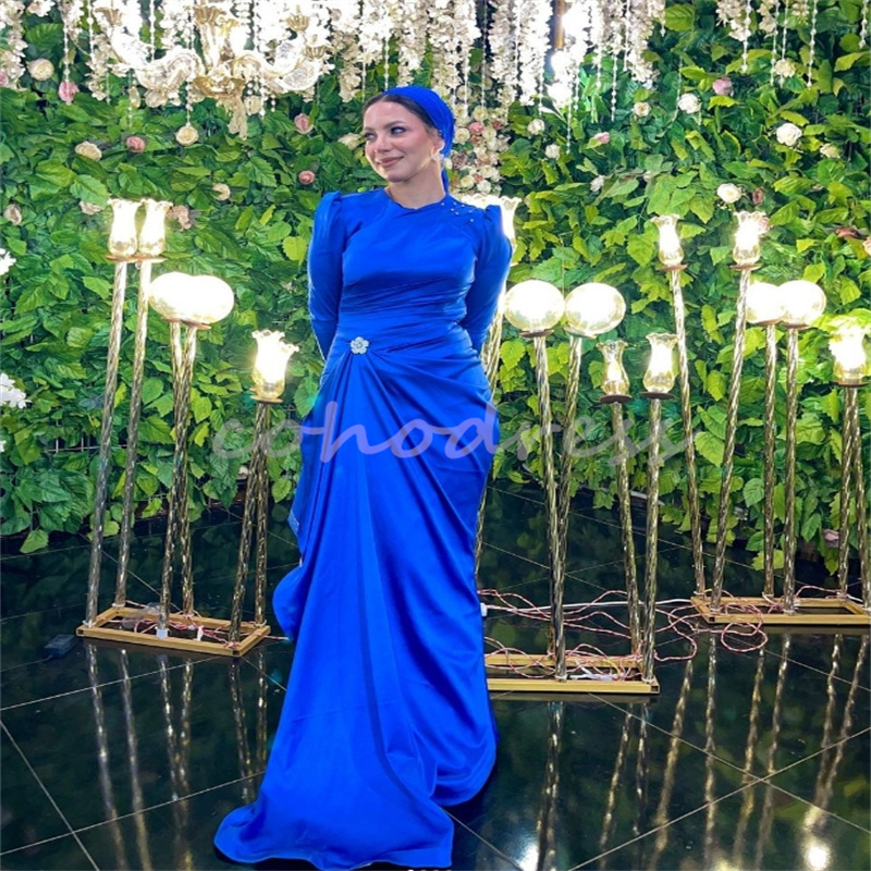 Beautiful Royal Blue Arabic Evening Dresses With Beaded Elegant Muslim Long Sleeve Prom Dress Formal Occasion Dinner Party Gowns Robe De Soiree