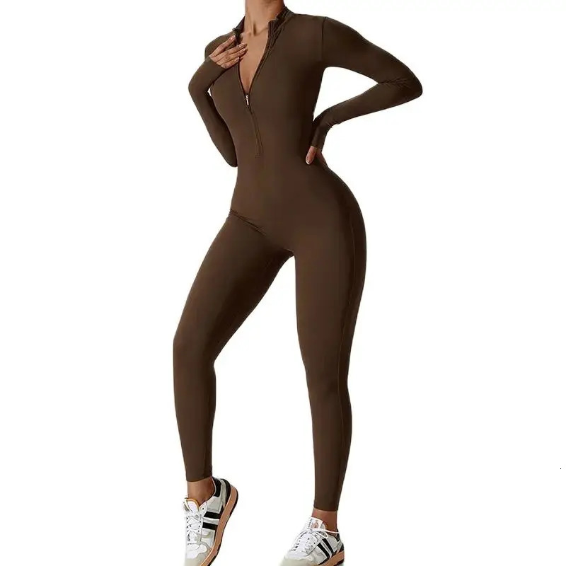 Women Jumpsuits One-Piece Suit Zipper Long Sleeved Yoga Set Gym Push Up Workout Clothes Fitness Bodysuit Tight fitting Tracksuit 241111