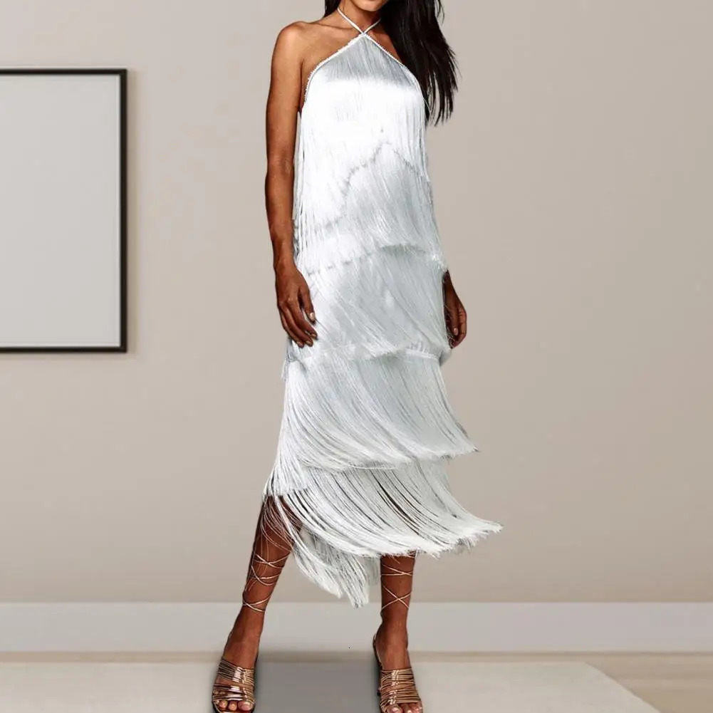 Evening Party Women Dress Off Shoulder Fringe Multi-layered Cake Hem Rumba Cha-cha Dance Competition Prom Ball Maxi Dress 241111