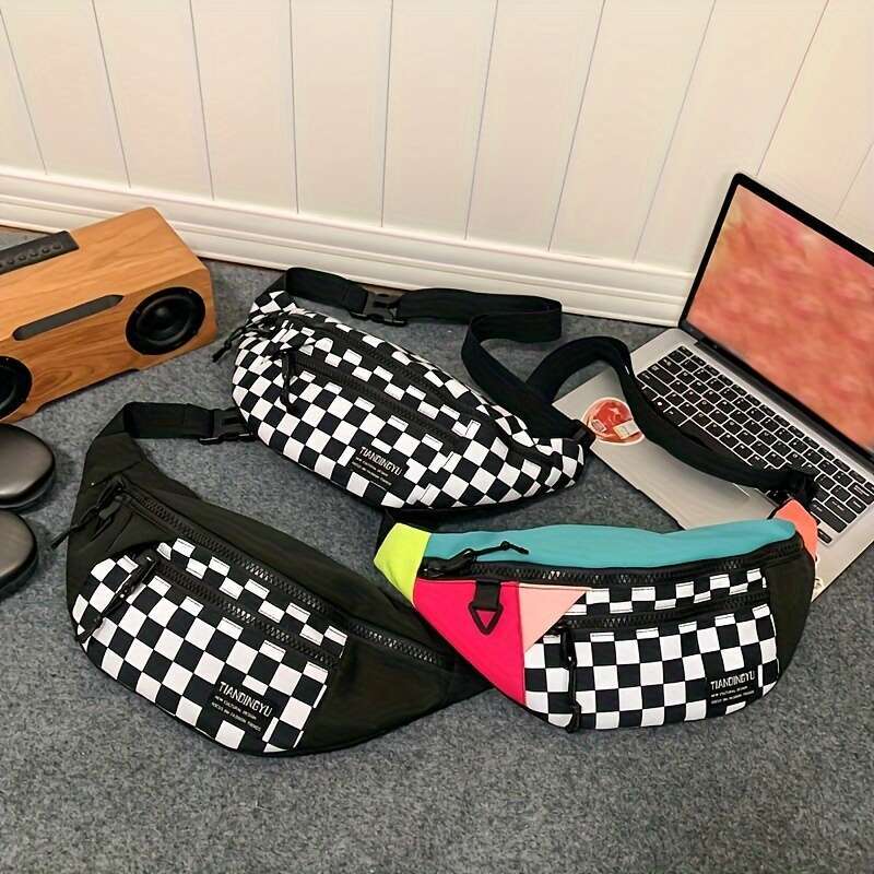 Fashion Large Capacity Fashion Avant-garde Chest Waist Bag, Trendy Plaid Crossbody Bag with Simple Contrast Color .