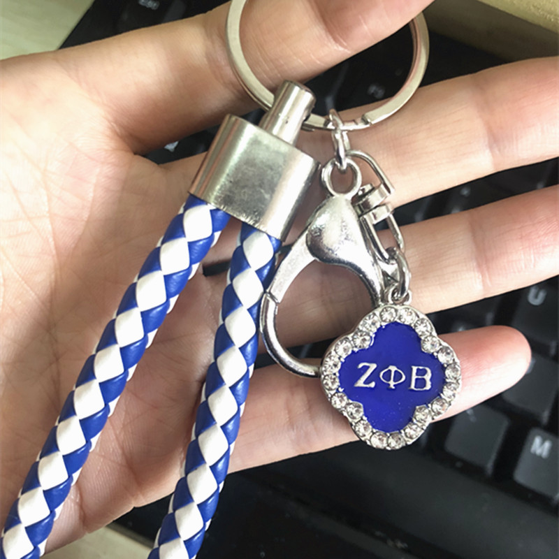 1Pcs Zeta Phi Beta Charm Crystal Pearl Braided Leather Keychain OKC28 DIY Fraternity Sorority Greek Bag Car Accessory KeyRing